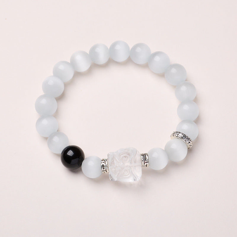 zensoullab520 Natural Obsidian Lion Awakening White Moonlight Cat's Eye Crystal Bracelet