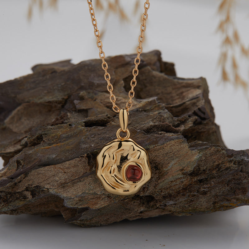 zensoullab S925 Sterling Silver Natural Pearl Garnet Necklace for Women with Elegant Wave Texture Round Pendant Choker