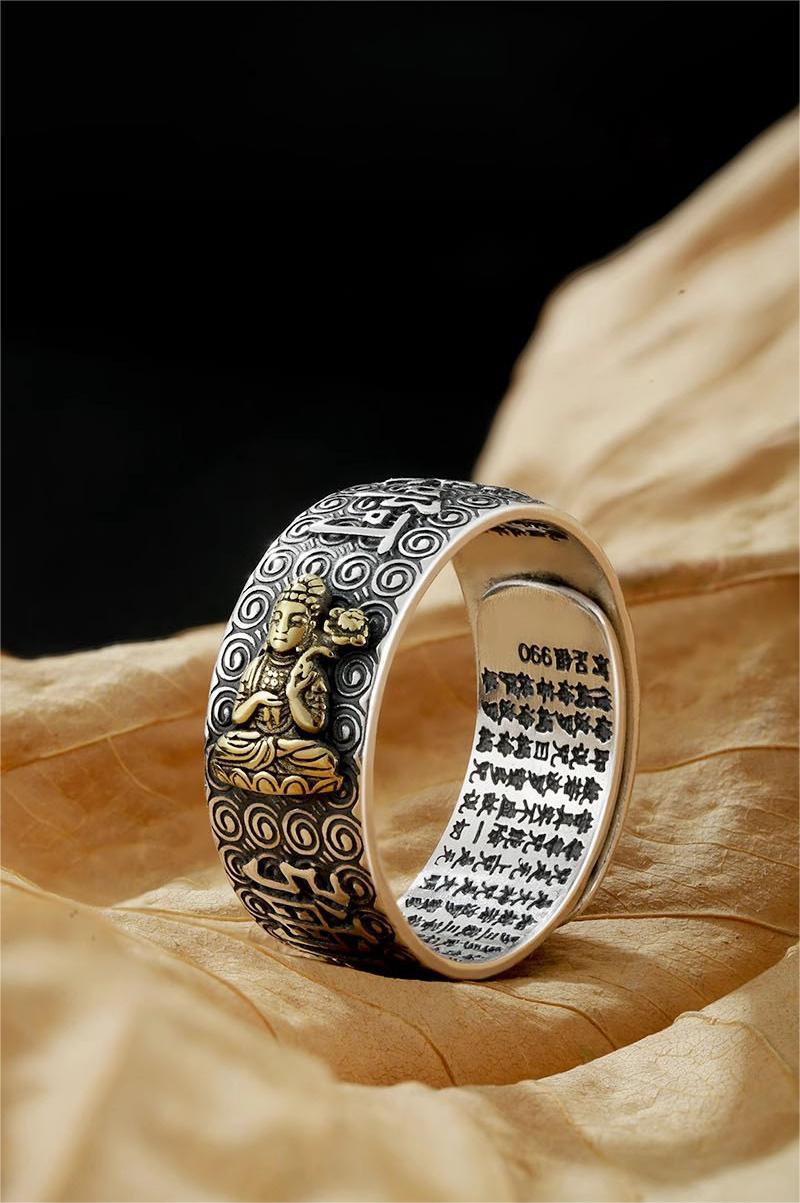 zensoullab Vintage Eight Guardian Deities Ring for Men Heart Sutra Zodiac Year Open Ring Imitation Thai Silver Six-Word Mantra Men's Ring