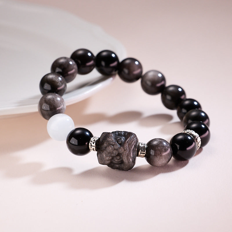 zensoullab520 Natural Obsidian Lion Awakening White Moonlight Cat's Eye Crystal Bracelet