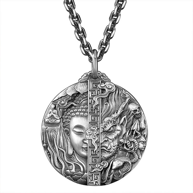 zensoullab Thai Silver Vintage Buddha and Demon One Thought Pendant Men's Solid Vintage Round Large Buddha Pendant Chinese Style Necklace