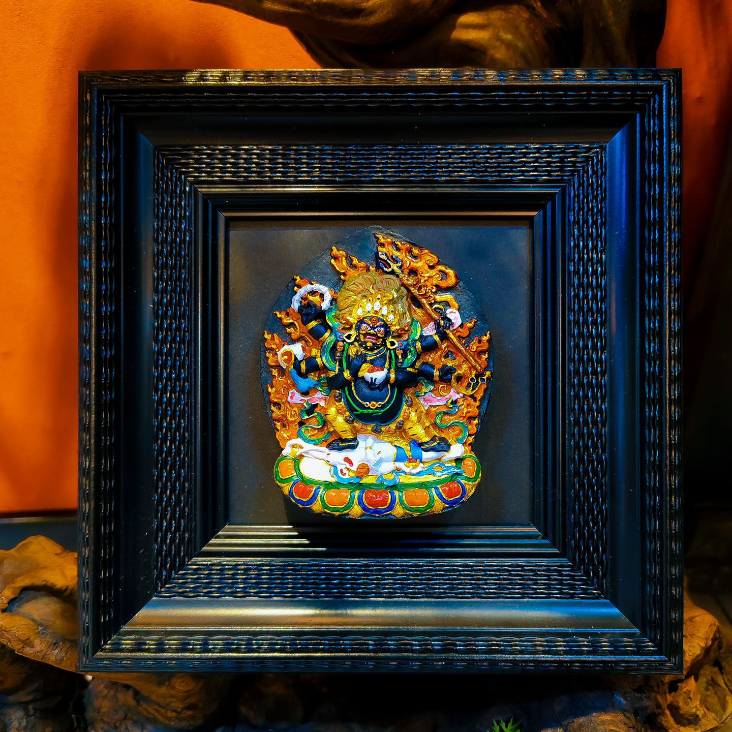 zensoullab Rubbing Table Hand-painted Thangka 3D Painted Table Decoration Great Wrath Yellow God of Wealth Mahakala Buddha Decoration Ornament