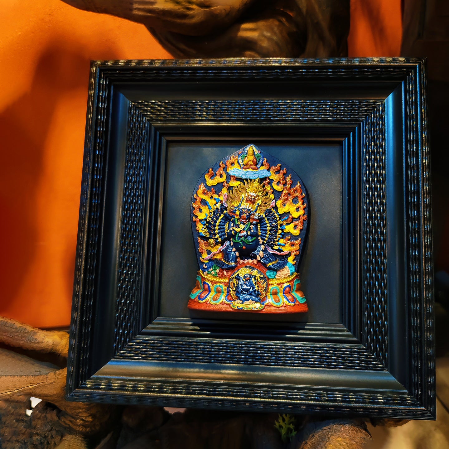 zensoullab Rubbing Table Hand-painted Thangka 3D Painted Table Decoration Great Wrath Yellow God of Wealth Mahakala Buddha Decoration Ornament