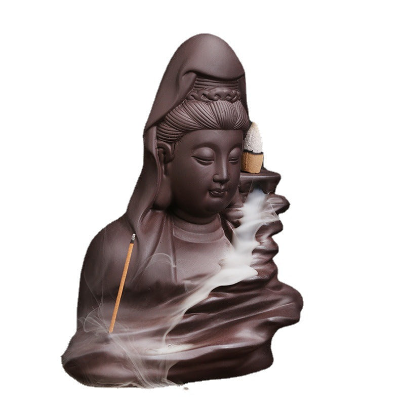 zensoullab Purple Clay Avalokiteshvara Backflow Incense Burner Original Mountain Water Flowing Bodhisattva Waterfall Backflow Incense Burner Home Decoration