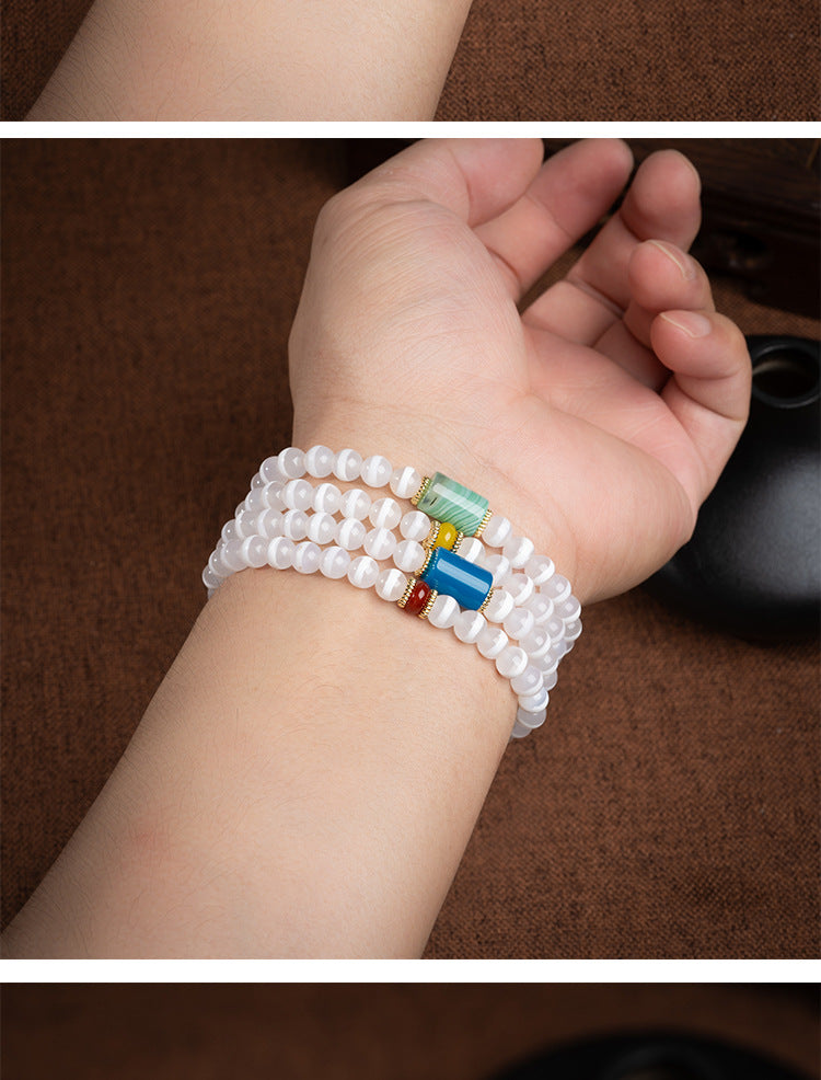 zensoullab Natural Medicine One-Eye Dzi Bead Necklace White Agate Multi-Circle Pendant Unisex Braided Necklace In Stock