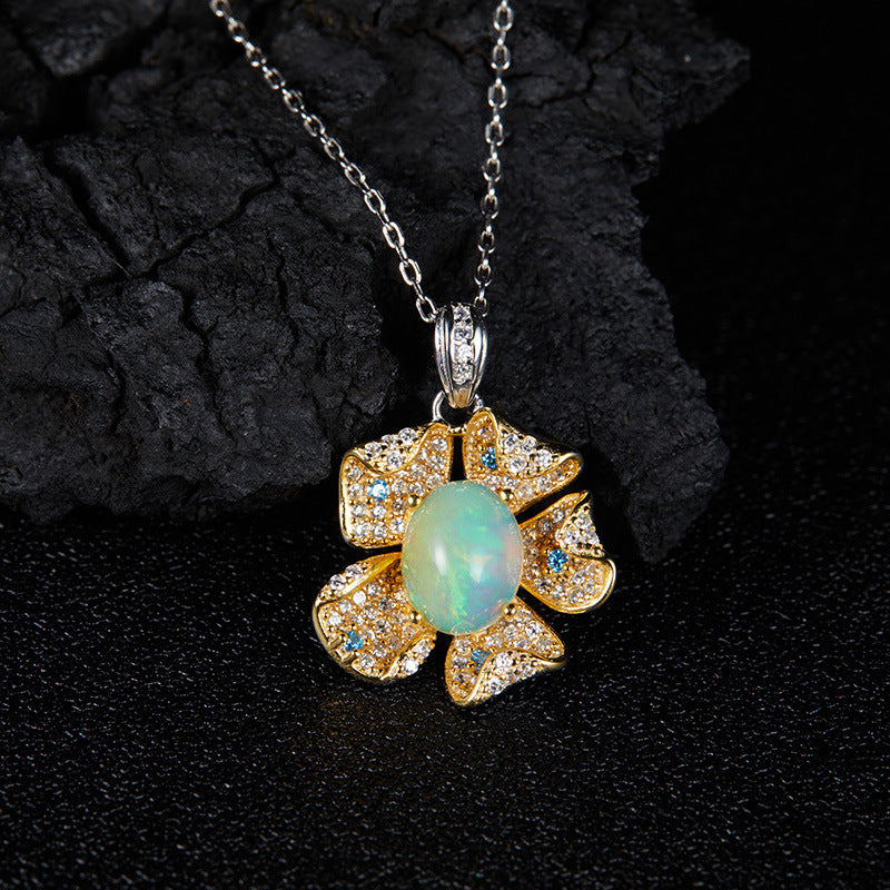 zensoullab Popular Flower Pendant S925 Sterling Silver Inlaid with Natural Opal Gemstone Necklace for Women