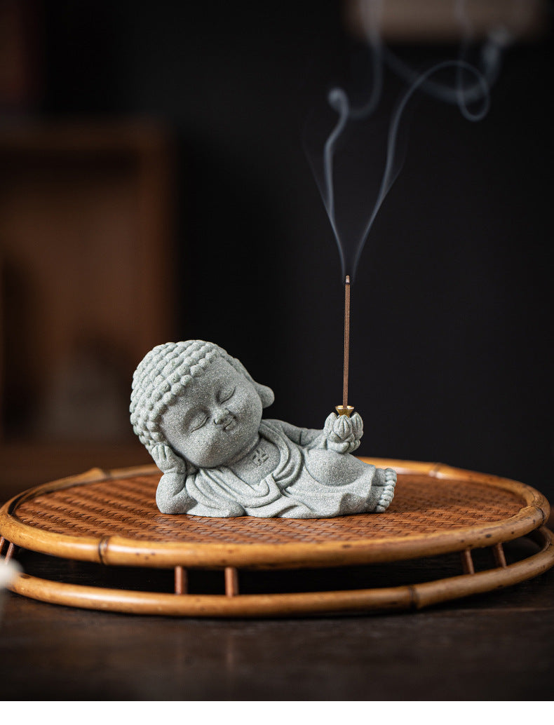 Zensoullab Green Sand Creative Cute Line Incense Burner Tea Ornaments Creative Sleeping Buddha Lotus Incense Stick Green Sand Stone Decoration Home Desktop Decoration