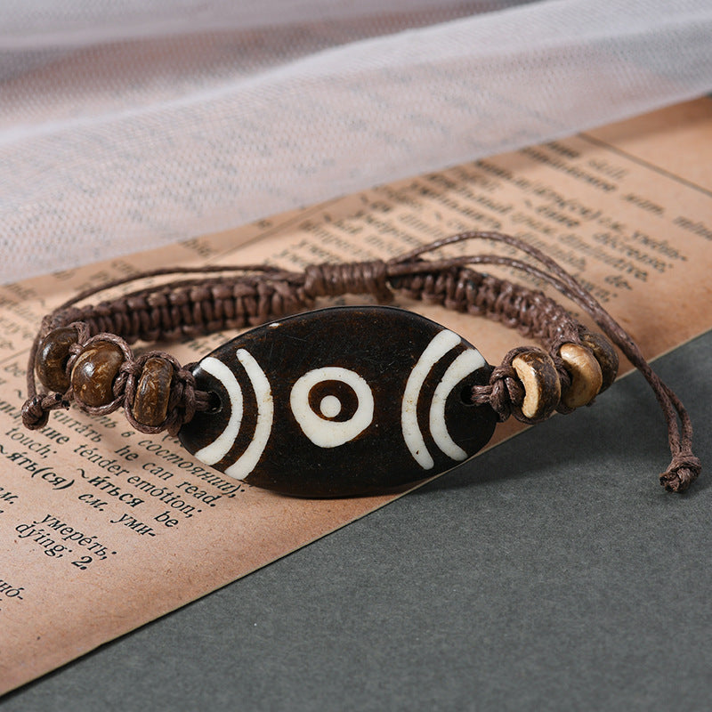 zensoullab Vintage Tibetan Style Ox Bone Dog Tooth Bracelet Carved Dzi Bead Yak Bone Ethnic Style Personality Unisex Bracelet Tourist Spot Jewelry