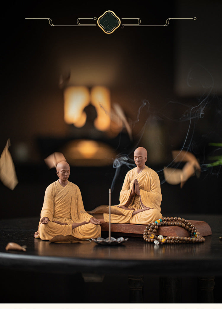 zensoullab Dust-Free Zen Little Monk Purple Clay Figurine Ceramic Figure Ancient Style Tea Room Display Stand Desktop Decoration
