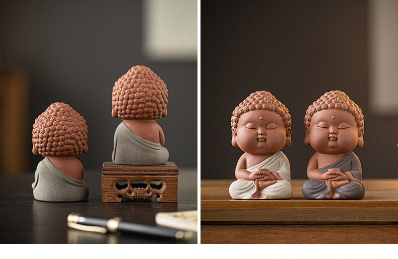 zensoullab Zen Purple Clay Small Buddha Figurine Cute Buddha Statue Chinese Style Home Tea Room Curio Shelf Tea Table Decoration