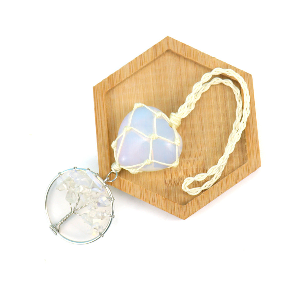 zensoullab Natural Crystal Heart-shaped Woven Net Bag Tree of Life Pendant Car Hanging Bag Accessories
