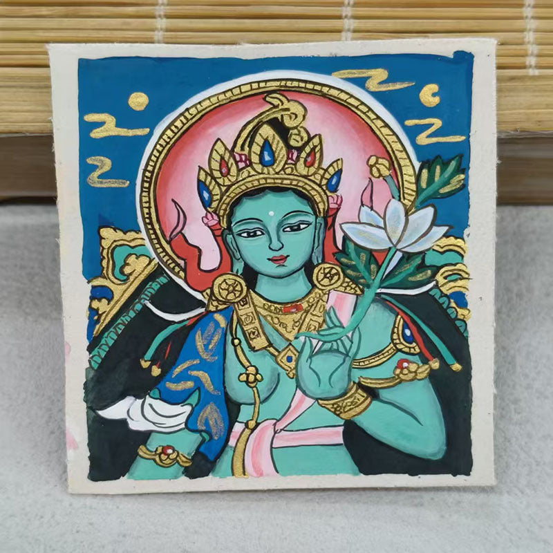 zensoullab Thangka Hand-painted Small Thangka Samantabhadra Green Tara Yellow Wealth God Manjushri Four-armed Guanyin Tibetan Small Thangka Pendant