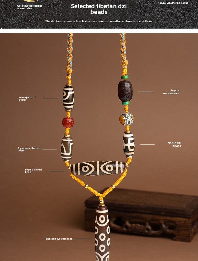 zensoullab Tibetan Nine-Eyed Dzi Bead Necklace with Layered Patina Multi-Totem Agate Pendant Couple Style Woven Necklace