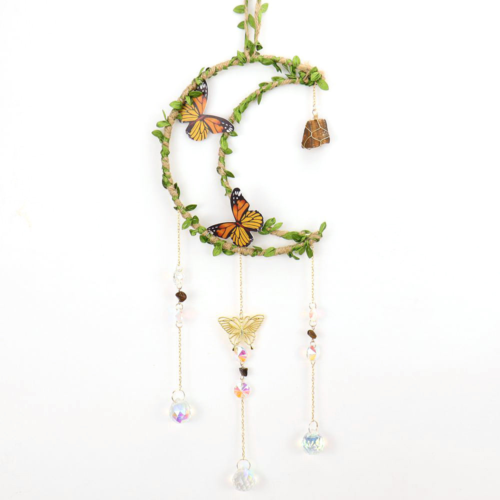 zensoullab Sun Catcher Hemp Rope Wrapped Leaf Butterfly Large 16cm Moon Gravel Crystal Ball Decoration Pendant
