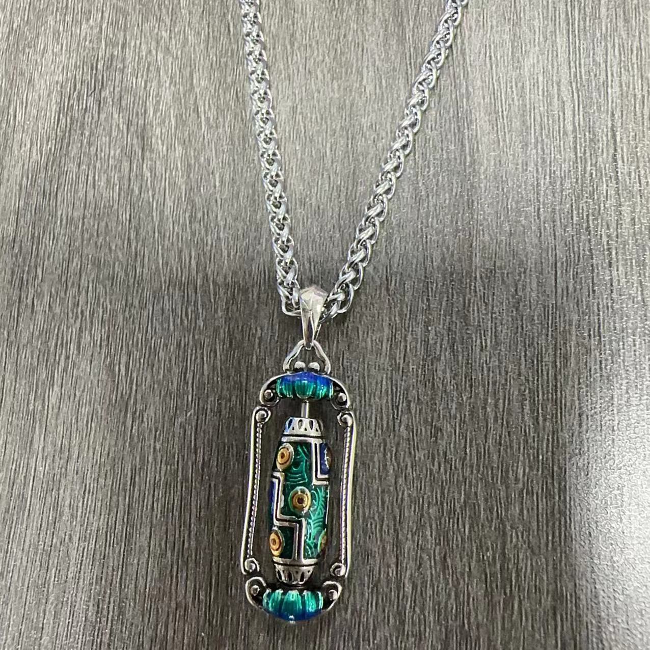 zensoullab Vintage Ethnic Landscape Thai Blue Enamel Nine-Eyed Dzi Bead Lotus Prayer Wheel Necklace for Women Exquisite Versatile Creative Jewelry