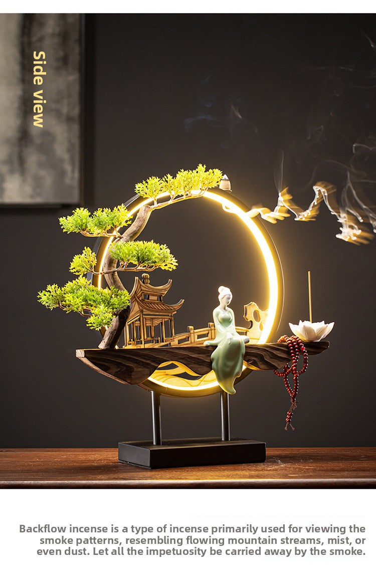 Zensoullab New Chinese Style LED Lamp Ring Creative Backflow Incense Burner Zen Ornament Home Living Room Hallway Decoration Incense Burner Furnishings