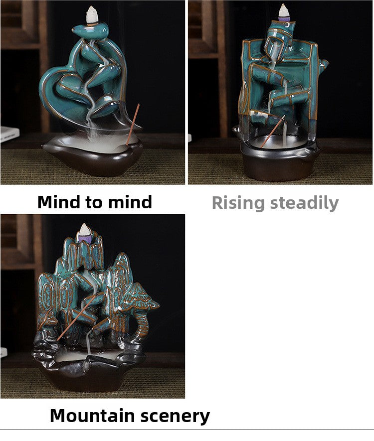 zensoullab Two-Faced Backflow Incense Burner Ceramic Mountain Water Flow Incense Burner Ceramic Incense Holder Office Creative Ornament