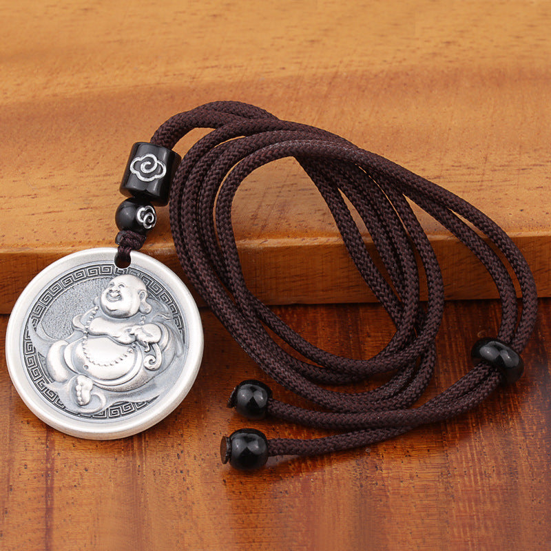 zensoullab Vintage Maitreya Buddha Pendant Thai Silver Solid Vintage Unisex Round Pendant Auspicious Big Belly Buddha Male Small Buddha Pendant
