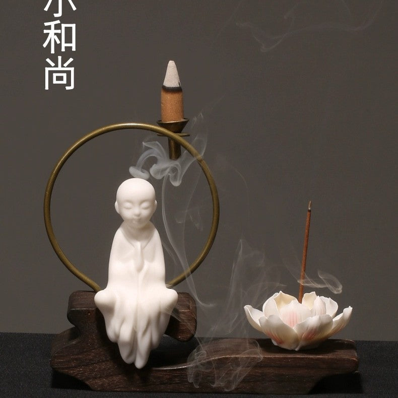 zensoullab Creative Chinese Ceramic Ornament Phaseless Buddha Statue Home Backflow Incense Burner Sandalwood Aromatherapy Burner Incense Holder Incense Device Wooden Incense Stand