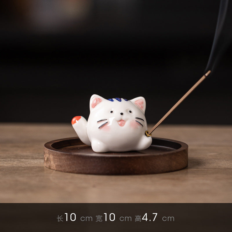 zensoullab Creative Ceramic Cute Little Cat Incense Holder Base Incense Tray Tea Room Tea Table Small Incense Burner Ornament Incense Burner