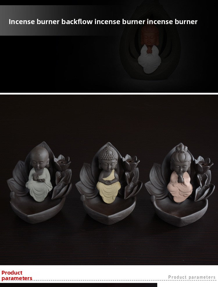 zensoullab Gift Ceramic Little Monk Retro Backflow Incense Burner Home Aromatherapy Burner Feng Shui Ornament Creative Guanyin Buddha Statue