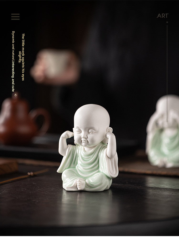 zensoullab Chinese Zen Style Four Little Monks Figurines Ceramic Characters Buddhist Home Living Room Curio Cabinet Decorations Micro Landscape