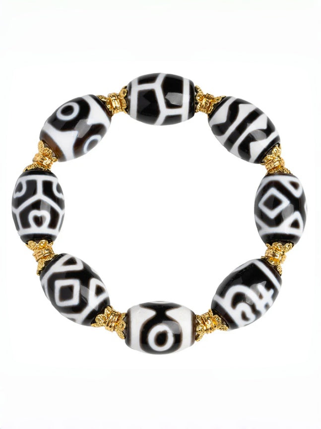 zensoullab Natural Multi-Gem Black and White Dalo Dzi Bead Taiwan Craft Agate Bracelet for Men and Women Couples Single Circle Bracelet In Stock