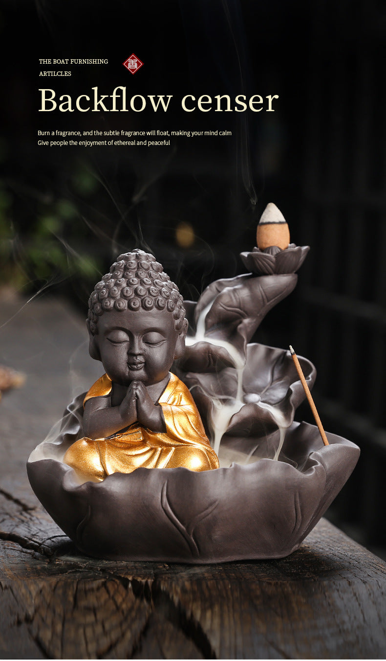 zensoullab Purple Clay Ceramic Backflow Incense Burner Crafts Creative Lotus Leaf Buddha Statue Small Novice Incense Burner Ornament