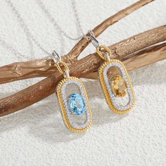 zensoullab French Retro S925 Sterling Silver Inlaid Natural Gemstone Yellow Crystal Topaz Pendant Necklace for Women Hot-Selling Jewelry