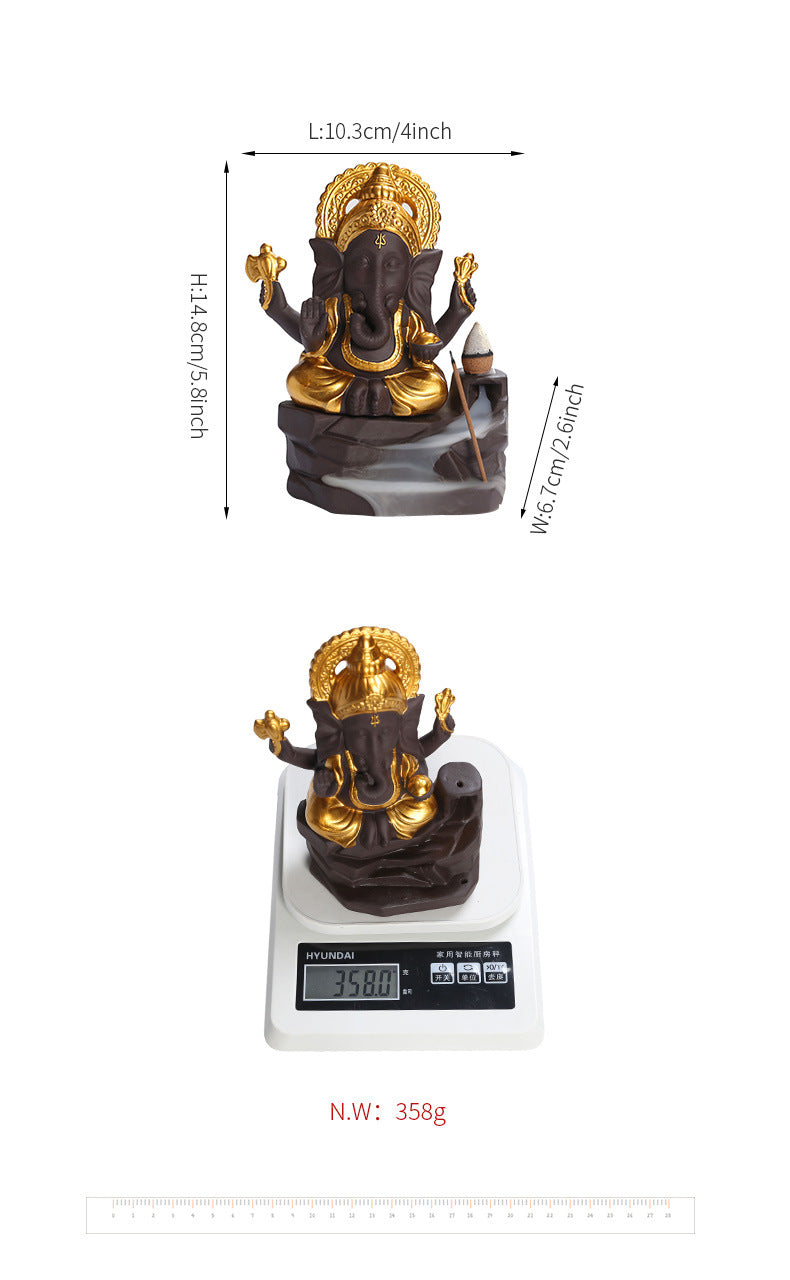 zensoullab Purple Clay Sandalwood Incense Burner Home Decor Creative Gold-Plated Ganesha Mountain Water Backflow Incense Burner Craft