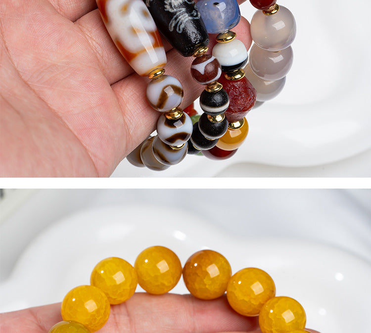 zensoullab Natural Three-Eyed Dzi Bead Agate Bracelet Fashion Versatile Unisex Couple Style Tiger Tooth Single Circle Bracelet In Stock