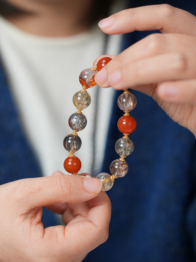 zensoullab Natural Black Gold Super Seven Crystal Bracelet for Women Red Glue Flower Gold Rutilated Quartz Full Flesh Southern Red Multi-Gemstone Bracelet