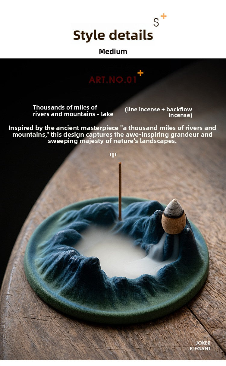 Zensoullab Thousand-Li Landscape Ceramic Wire Incense Holder Backflow Incense Burner Home Indoor Incense Burner Zen Study Tea Table Incense Holder Ornaments