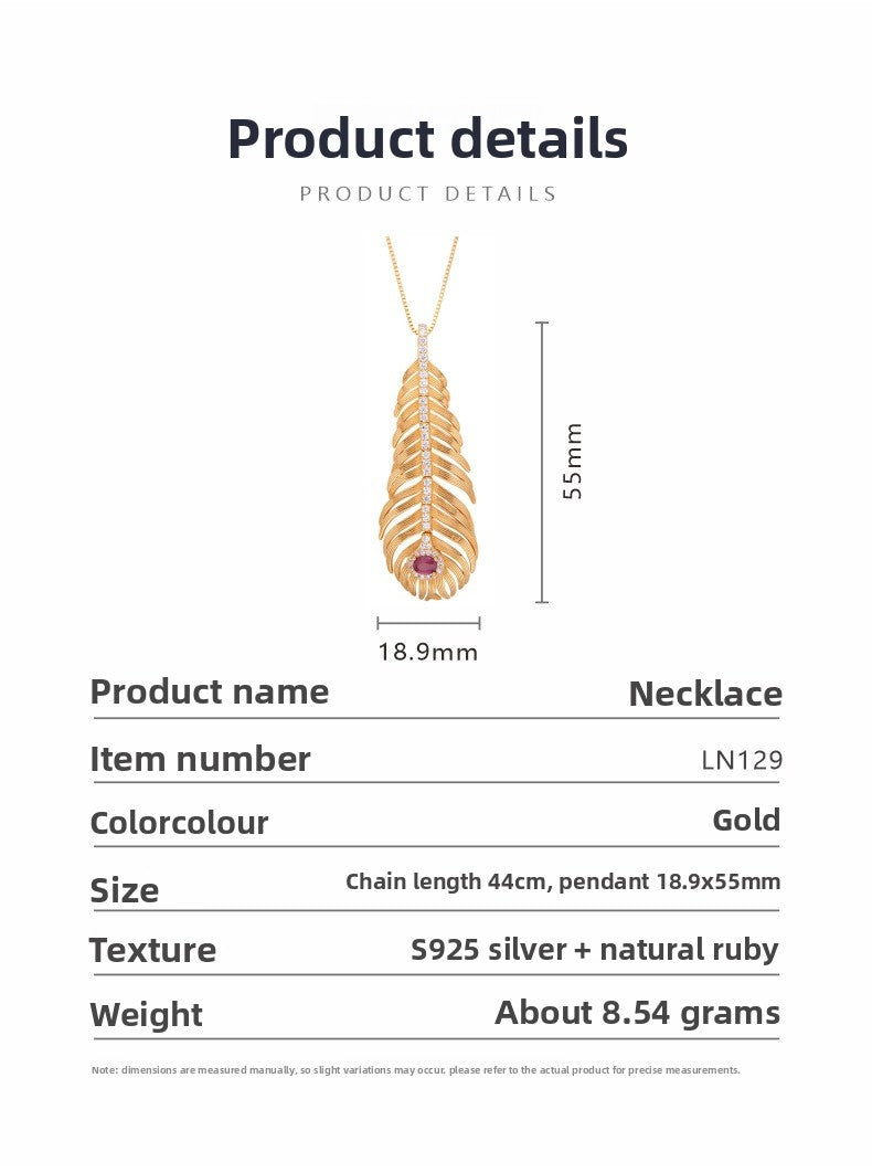 zensoullab Pendant S925 Sterling Silver Light Luxury Natural Ruby Feather-shaped Necklace for Women Niche Gold Clavicle Chain