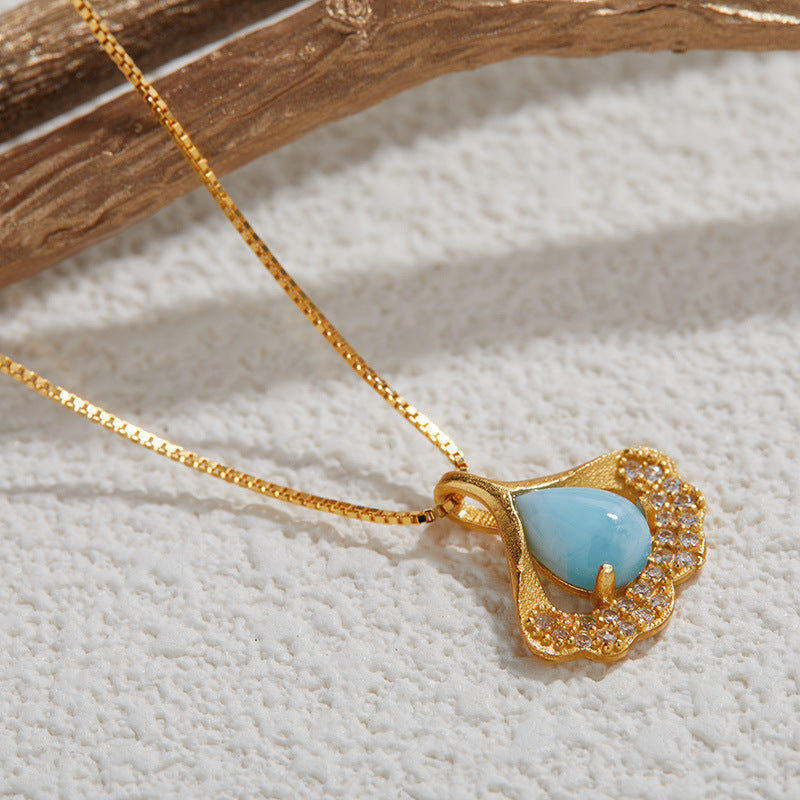 zensoullab S925 Sterling Silver Ancient Gold Inlaid Natural Sea Grain Stone Fan-shaped Necklace High Quality