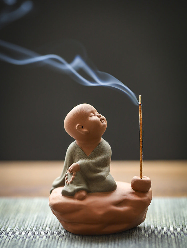 zensoullab Zen Purple Clay Little Monk Incense Holder Ornament for Home Indoor Living Room Tea Tray Incense Ceremony Sandalwood Stand Incense Tray Incense Burner