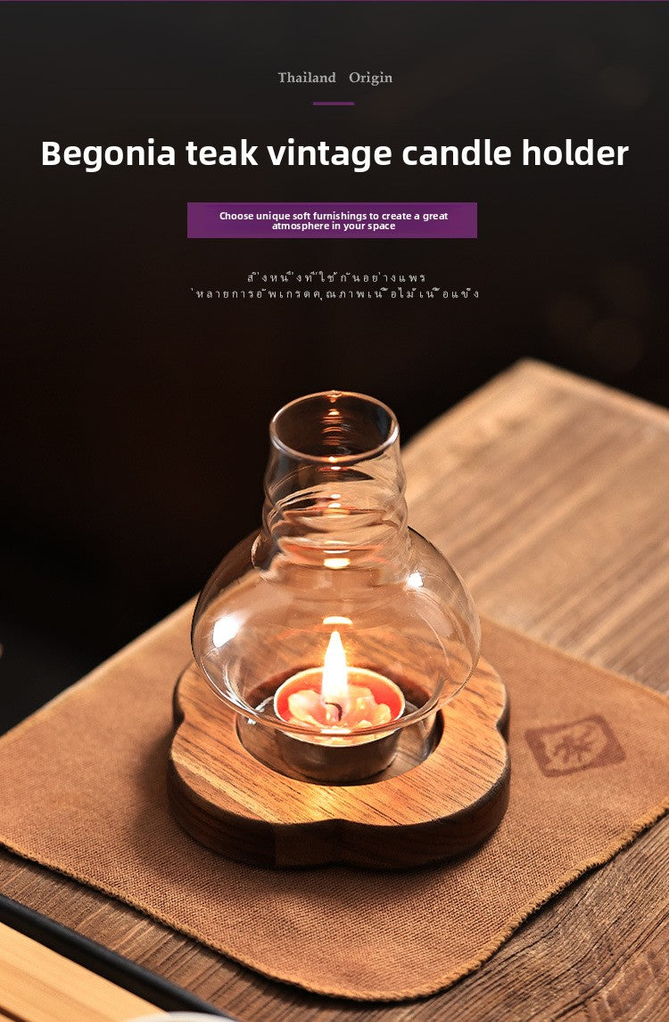 Zensoullab Japanese Style Solid Wood Windproof Glass Lampshade Candlestick Vintage Aromatherapy Candle Light Coffee Table Zen Atmosphere Ornaments