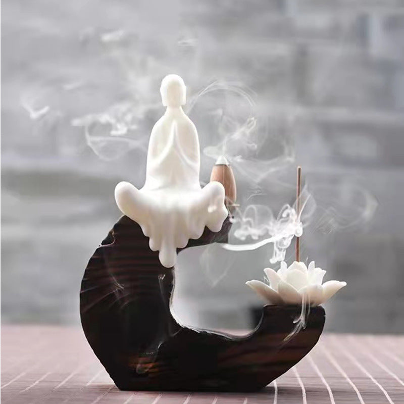 zensoullab Creative Phaseless Buddha Ceramic Ornament Backflow Incense Burner Little Monk Incense Home Indoor Incense Holder Sandalwood Incense Burner