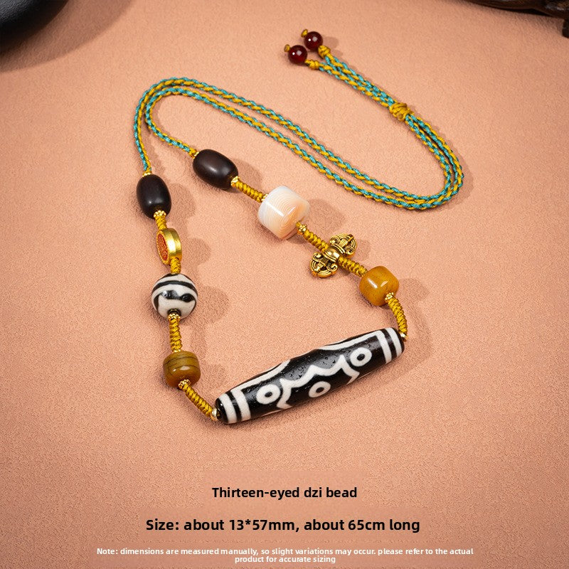 zensoullab Natural Yellow Nine-Eye Dzi Bead Necklace Taiwan Work Agate Pendant Unisex Couple Style Braided Necklace In Stock