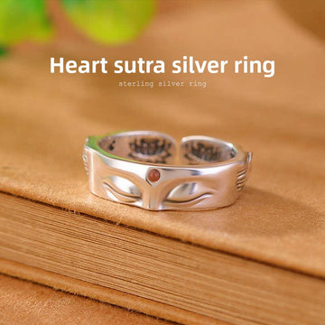 zensoullab Ethnic Style Buddha Silence Ring for Women, Niche Design Thai Silver Lotus Heart Sutra Guanyin Vintage Open Ring