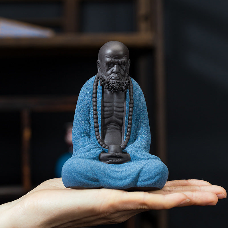 zensoullab Premium Purple Clay Bodhidharma Buddha Statue Handmade Ornament Ceramic Craft Chinese Style Living Room Tea Room Desktop Decoration Soft Furnishing
