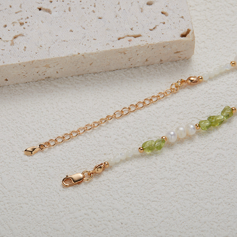 zensoullab S925 Sterling Silver Natural Peridot Pearl White Shell Gemstone Necklace for Women, Niche Sweet High-end Beaded Collarbone Chain