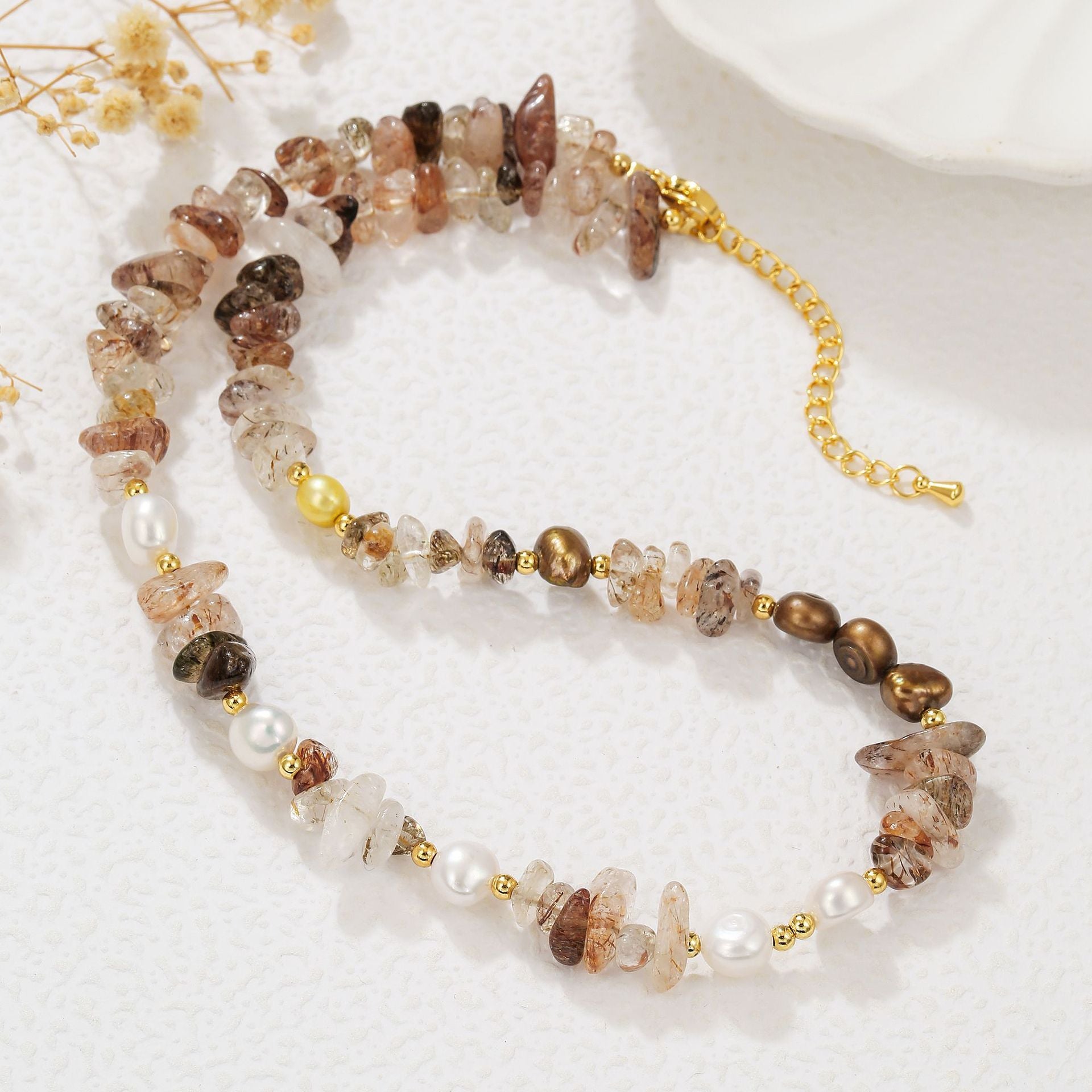 zensoullab Freshwater Pearl Natural Stone Bead Necklace Bracelet Melad Gold Rutilated Quartz Sweater Chain High-end
