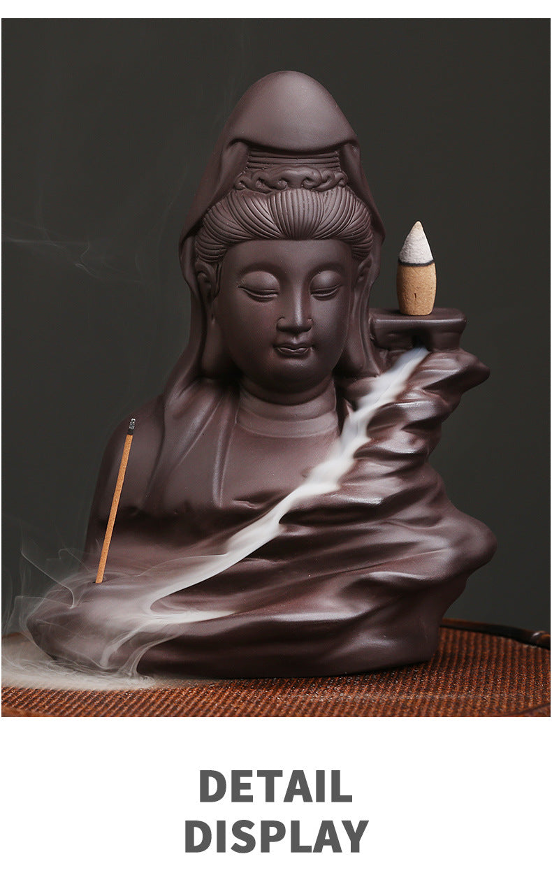 zensoullab Purple Clay Avalokiteshvara Backflow Incense Burner Original Mountain Water Flowing Bodhisattva Waterfall Backflow Incense Burner Home Decoration