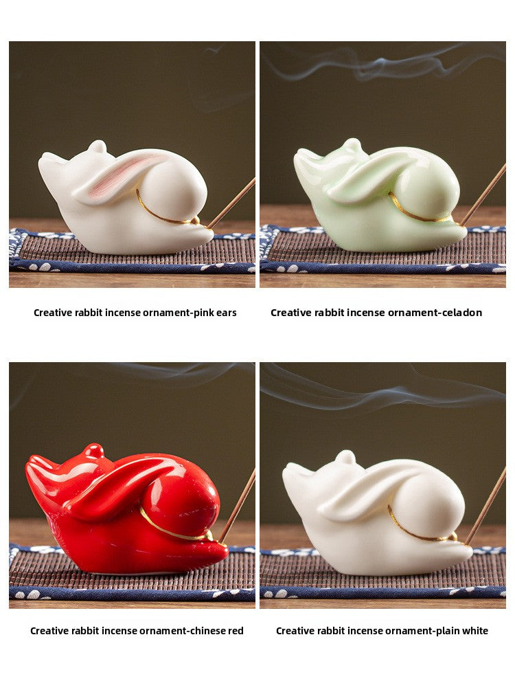 Zensoullab Creative Cute Little White Rabbit Ceramic Aromatherapy Stove Decoration Tea Ornaments Cover Living Room Home Incense Sandalwood Incense Stick Holder