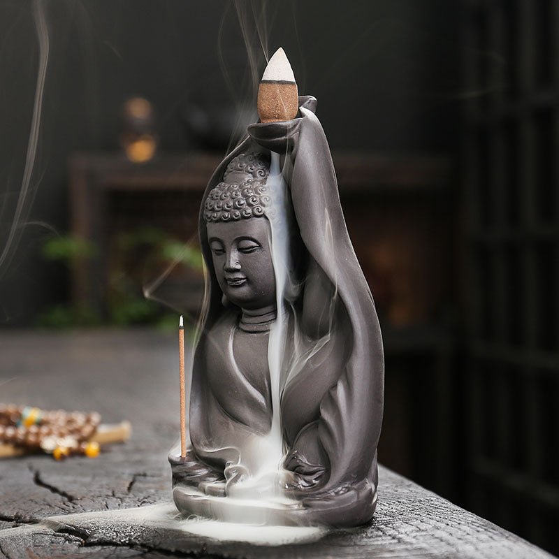 zensoullab Purple Clay Sandalwood Backflow Incense Burner Creative Bodhi Leaf Tathagata Buddha Smoke Backflow Incense Burner Craft Ornament