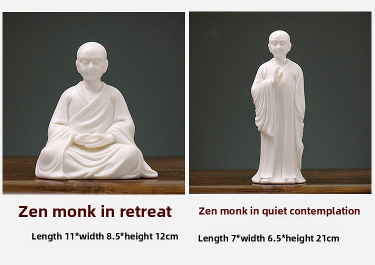 zensoullab Zen White Porcelain Little Monk Figure Chinese Style Ceramic Little Novice Creative Tea Room Home Living Room Entrance Decoration Ornament