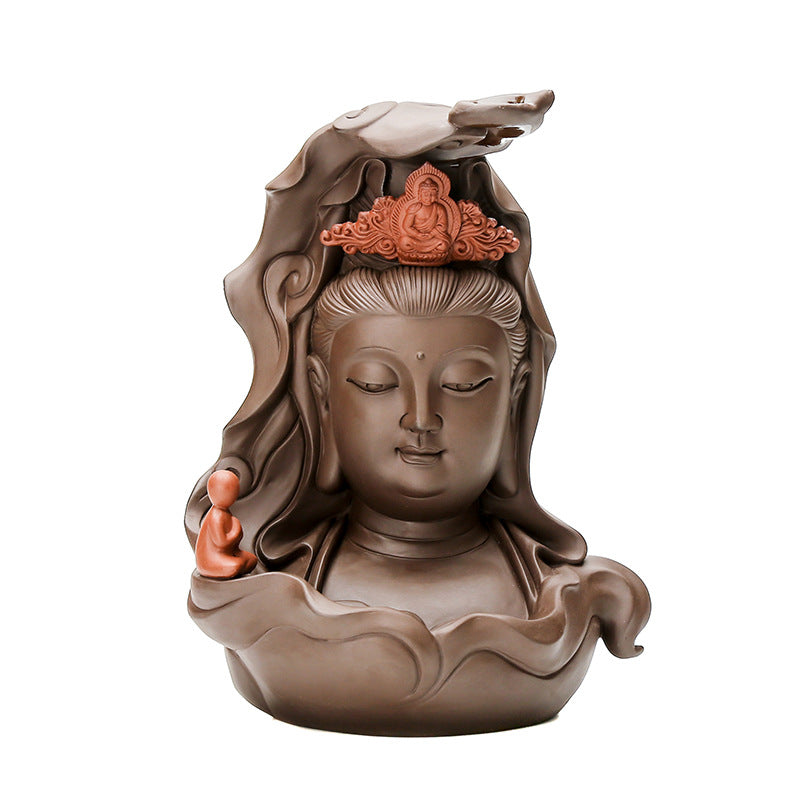 zensoullab Premium Large Ceramic Guanyin Buddha Statue Feng Shui Worship Buddha Hall Living Room Backflow Incense Burner Home Decor Ornament