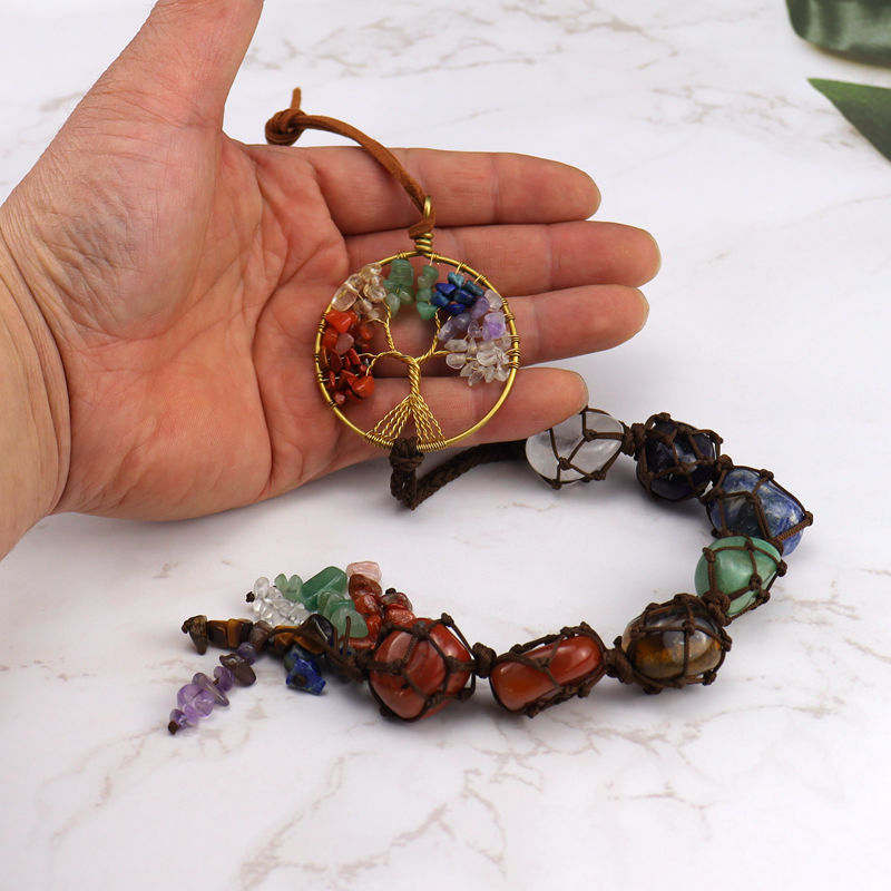 zensoullab7 Colorful Stone Seven Colors Crystal Raw Stone Hand-woven Pendant Natural Stone Tree of Life Car Hanging Dream Catcher Ornament