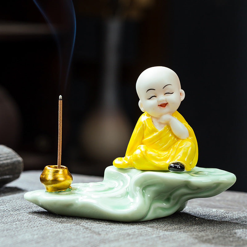 zensoullab Zen Ceramic Little Monk Incense Holder Tea Ceremony Ornament for Home Living Room Indoor Tea Room Sandalwood Sitting Incense Dragging Incense Burner